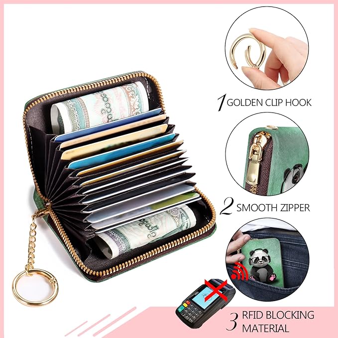 Blusabaca Panda RFID Wallet, Credit Card Holder for Women, Small Cute Wallet with Card Slots Zipper, Leather RFID Card Holder, Card Keychain Wallet, Card Case RFID Blocking Accordion Gift