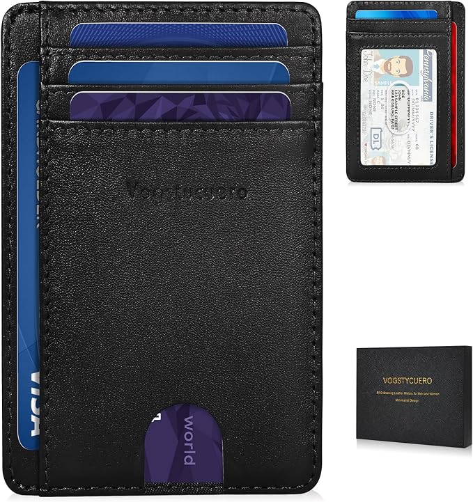 Slim Minimalist Front Pocket Thin Wallet RFID Blocking 100% Genuine Grain Leather Credit Card Holder for Men Women with Gift Box - Grain Leather Black