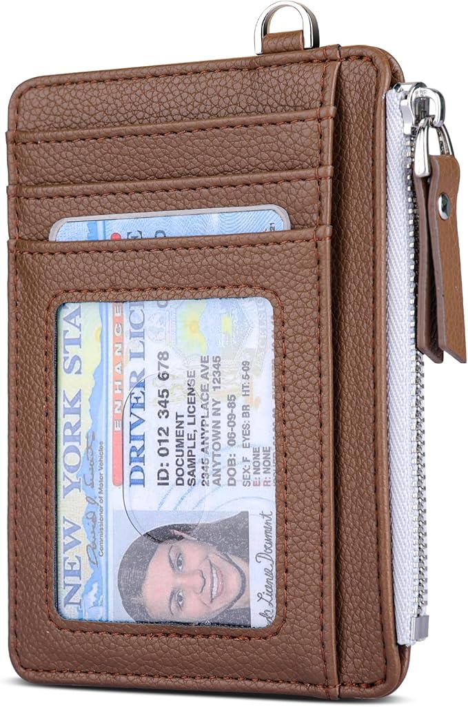 Teskyer Slim Card Holder Wallet with Zip Pocket, RFID Blocking, Total 9 Compartments Large Capacity, 3.5" x 4.7" (Slight Larger Than Usual), Faux Leather - Coffee