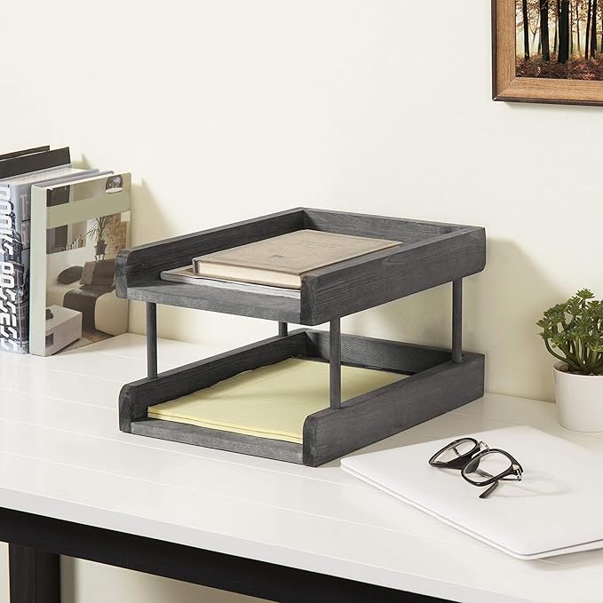 MyGift 2-Tier Rustic Gray Wood Paper File Organizer in and Out Tray/Office Desktop Document Holder Rack