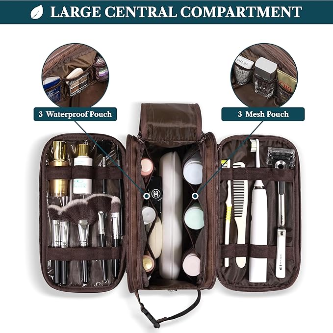 PAVILIA Toiletry Bag for Men, Hanging Travel Dopp Kit Organizer, PU Leather Water Resistant Bathroom Bag for Shaving Grooming, Large Capacity Cosmetic Bag Travel Essentials, Dark Brown