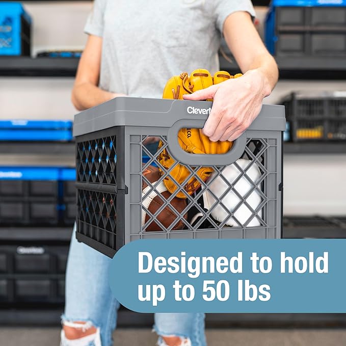 CleverMade Collapsible Milk Crate 25L (6.6 Gal) 3 Pack, 50 lb Capacity Heavy Duty Folding Crate – Stackable Storage Crates with File Rails, Plastic Collapsible Crates - Ocean