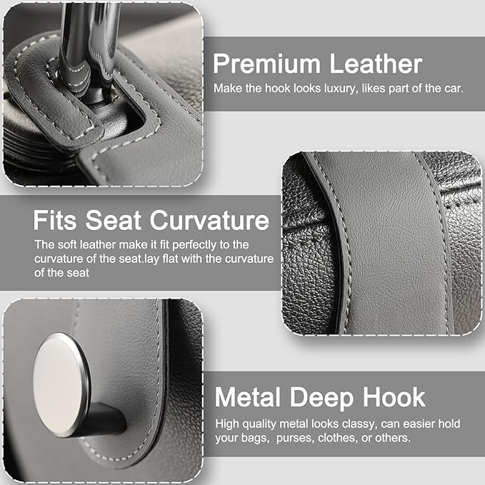JESTOP Car Headrest Hooks, 2 Pack Leather Car Seat Storage Hanger for Purses Bags, Stylish Car Seat Organizer Hooks for Handbag Coat Umbrellas, Car Inside Accessories, Gray