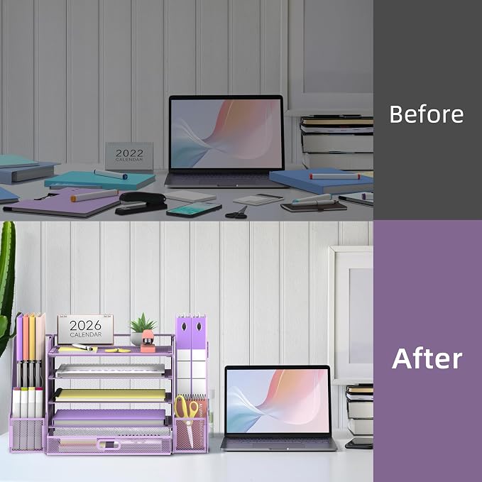 SUPEASY Mesh Desk Organizer with File Holder, 5-Tier Paper Letter Tray Organizer with Magazine Holder, Desktop Organizer and Storage with Drawer for Office Supplies Home or School (Purple)