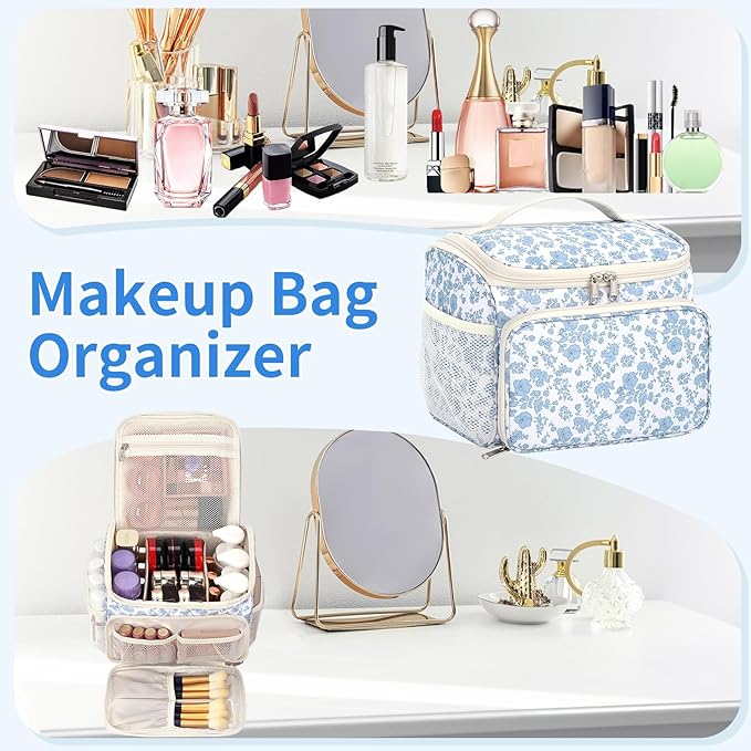 CUBETASTIC Makeup Bag Large, Floral Travel Make Up Case for Women with Removable Partitions & Multi-Pockets, Vertical Storage Cosmetic Pouch & Toiletry Bag (Floral Blue, Large)