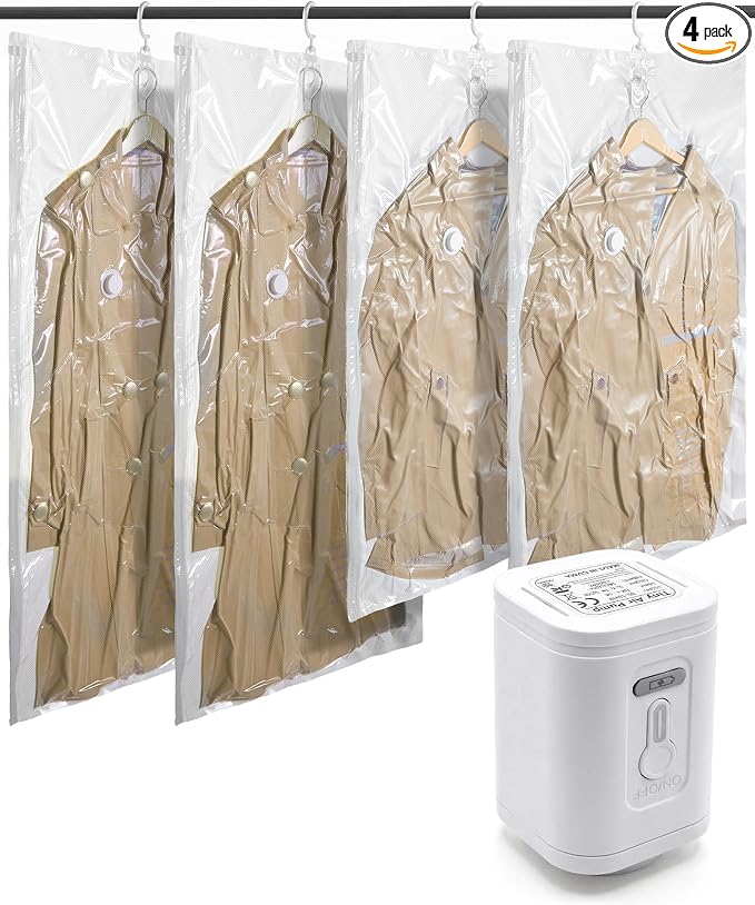 BAGSMART 4 Pack Hanging Vacuum Storage Bags for Clothes, Space Saver Bags for Closet Organization, Air-tight Vacuum Sealer Bags for Heavy Coats, Suits, Dresses, Jackets, Hand Pump Included