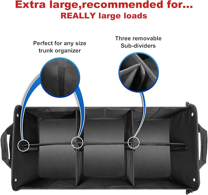 HAOKAY Car Trunk Organizer with Lid，Heavy Duty Extra Large Premium Black Oxford Multi Compartments Collapsible trunk organizer for SUV, Van, Truck, Sedan, Jeep （90L