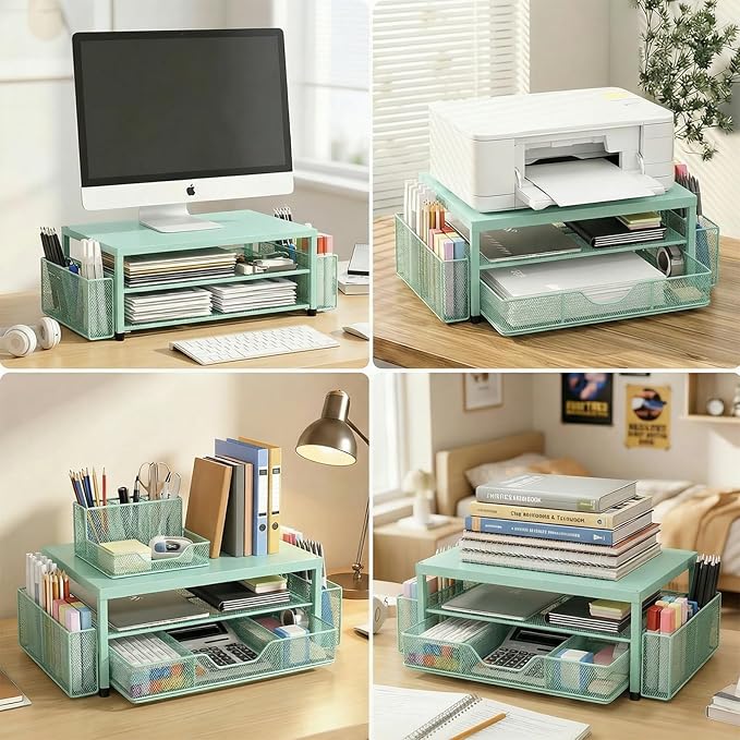 LEKETREE 2 Tier Monitor Stand, Computer Monitor Riser, Office Desk Accessories, Desk Organizer Desk Shelf Printer Stand, Green
