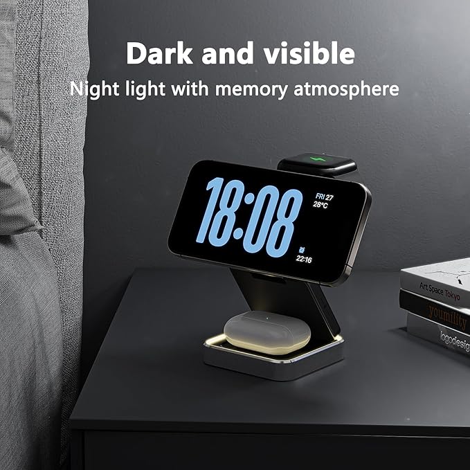 3 in 1 Wireless Charger for iPhone 17 16 15 14 13 12 11 Pro Max Foldable Wireless Charging Station with Night Light for MagSafe Travel Magnetic Charger Stand Fast Charging for AirPods Apple Watch B
