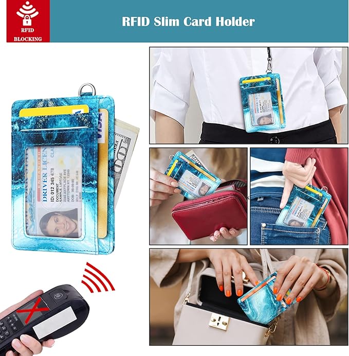Coco Rossi Slim Front Pocket Wallet RFID ID Card Holder Cute Small Wallet with Wrist Lanyards Key Chain Holder for Women,Flowing Blue