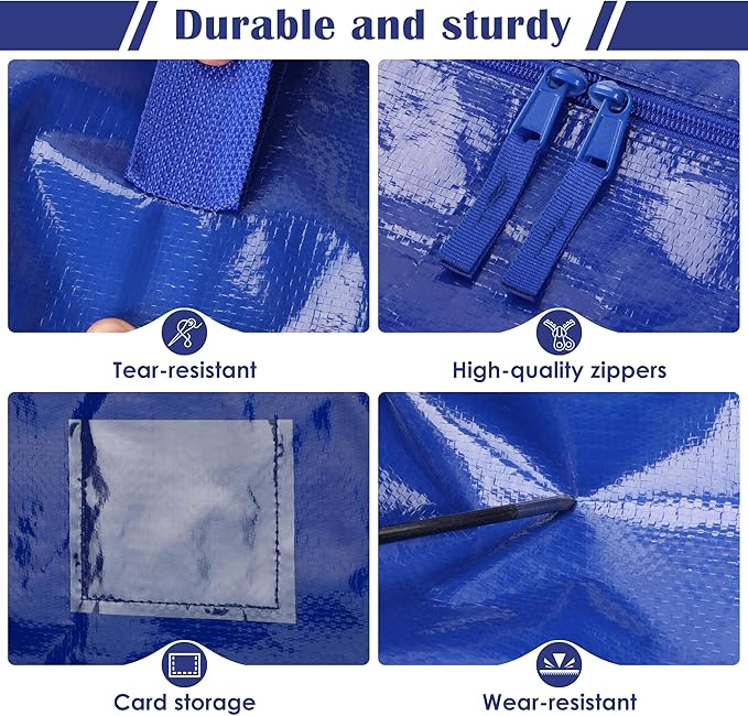6 Pack Moving Bags with Full-Open Side Zipper, Extra Large 93L Heavy Duty Waterproof Foldable Storage Totes for College Dorm, Moving & Home Organization,Blue