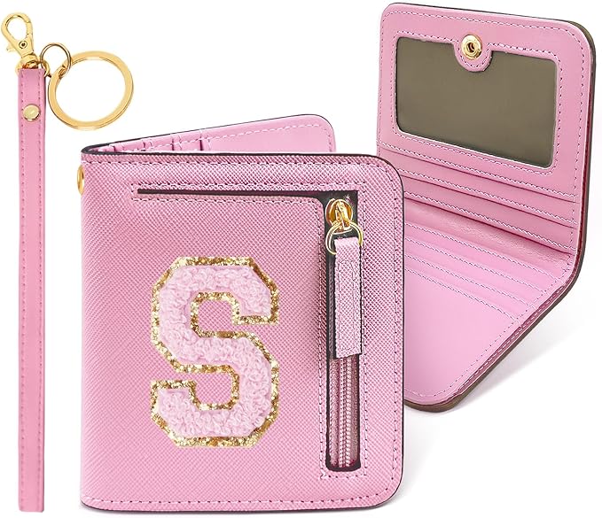 COSHAYSOO Cool Valentines Birthday Gift Ideas Initial Wallet for College Teenage Girls Slim RFID Blocking Bifold Wallet Travel Essentials Coin Cash Cards Organizer Purse Chenille Letter S Pink