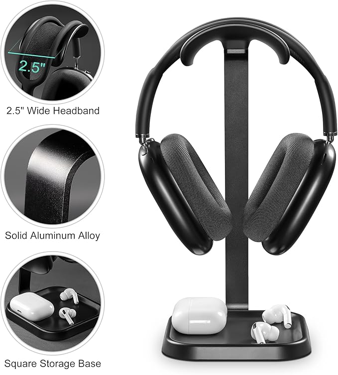 Headphone Stand, Curved Headset Stand with Storage Tray, Gaming Headset Holder for AirPods Max, AirPods Max 2, AirPods, AirPods Pro, Beats, Bose, Sony and More (Black)