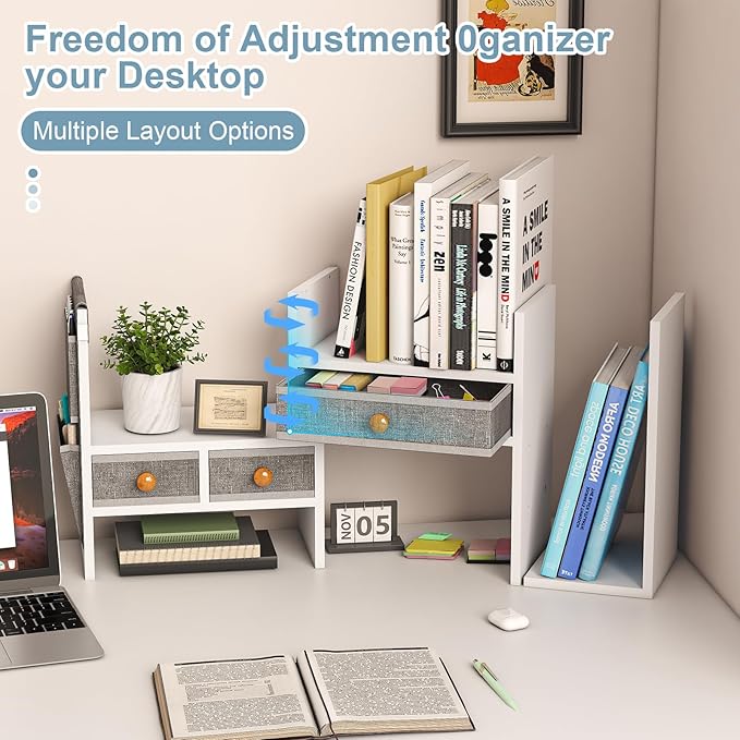 X-cosrack Adjustable Desk Shelves for Storage, Desktop Bookshelf with 3 Drawers, White Wood Desk Shelf for Top of Desk, Corner Desktop Organizer for Women Office