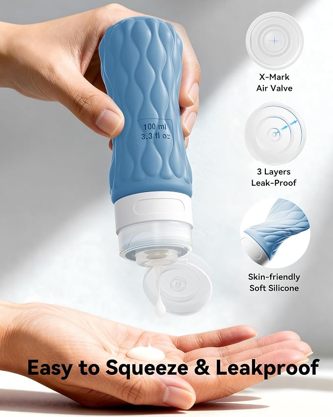 Silicone Travel Bottles for Toiletries 8 Pack Travel Size Toiletries 3.4 oz 1.7 oz, Leakproof Squeeze Travel Size Containers Refillable Cosmetic Jars Set for Shampoo, Conditioner, Creams