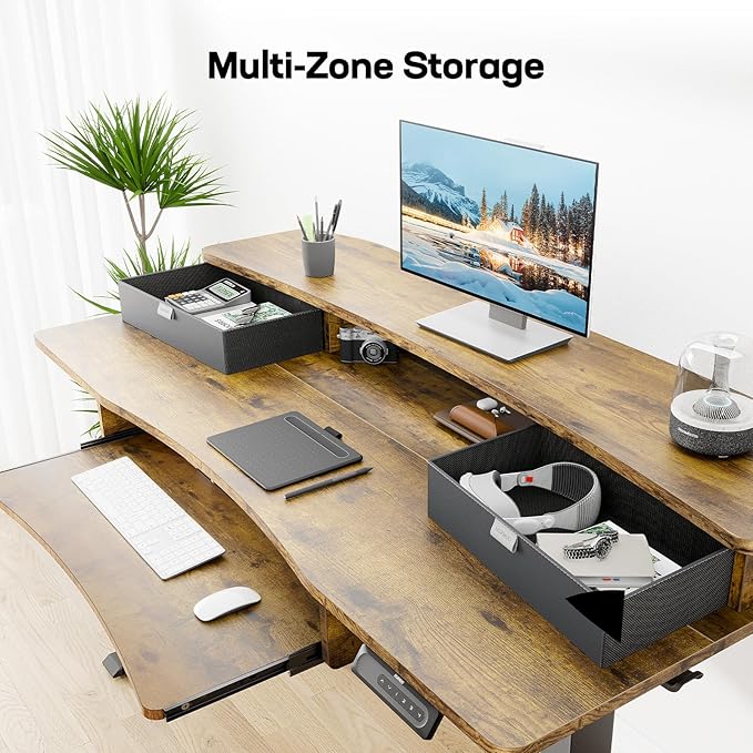 HUANUO 55" x 26" Electric Standing Desk with 2 Drawers & 26.7" Large Keyboard Tray, C-Clamp Mount Compatible, Adjustable Computer Desk for Home Office, Stand Up Desk with 4 Height Presets, Vintage