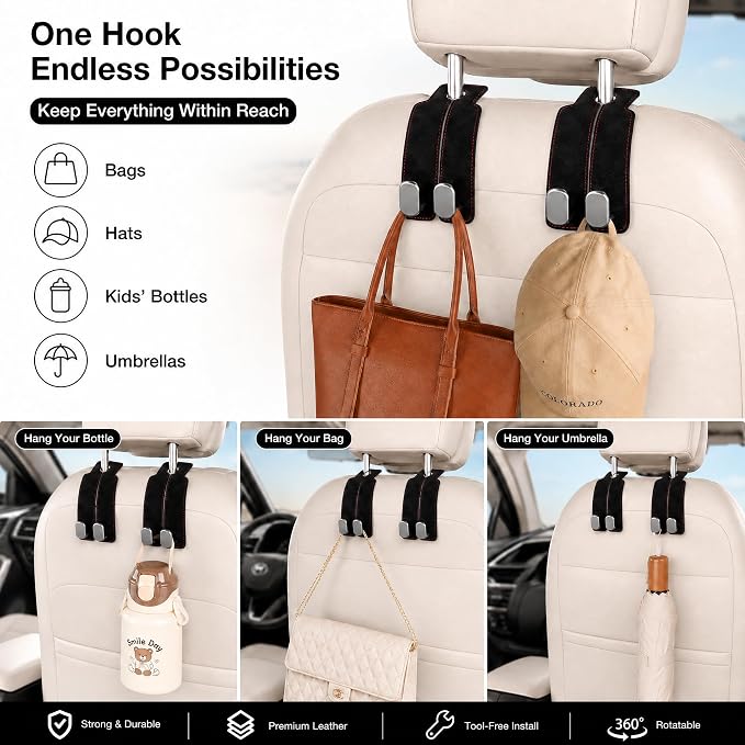 2Pcs Wide Car Headrest Hooks for Purses and Bags, 2026 Upgraded 0.98” Wide Opening for Thick Bag Handles, Premium Leather Car Seat Hanger with Dual Metal Hooks, WideFit Gray