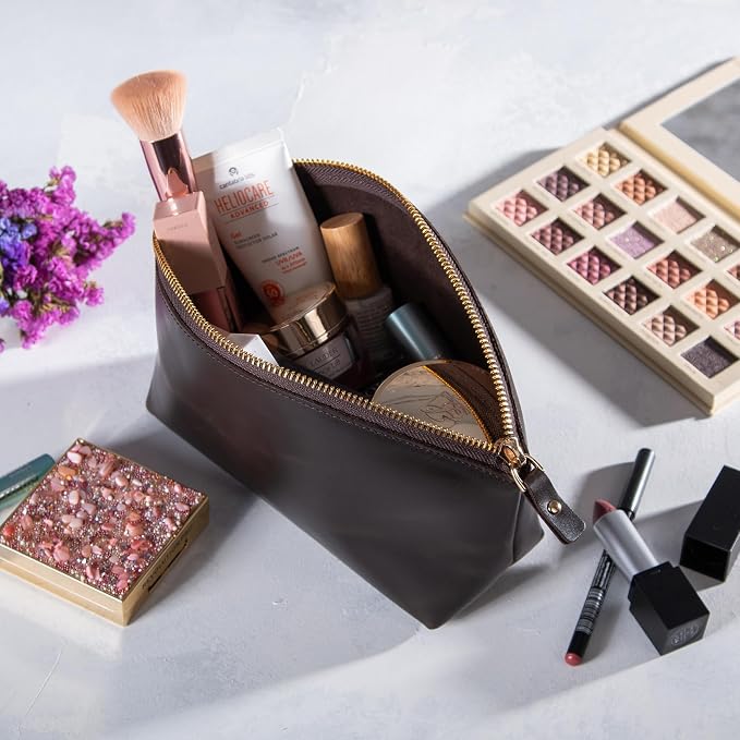 Blade Premium Personalized Genuine Leather Cosmetic Makeup Bag - Wedding Gift for Bridesmaid, Travel Organizer Clutch for Women with Zipper Pouch for Toiletry Essentials (Avanza Chestnut)