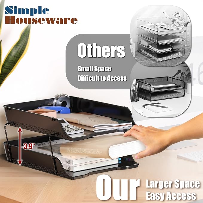 Simple Houseware 2-Tier Stackable Letter Tray Organizer – Desktop File Holder for A4/Letter Size Paper, Document Sorter, Office Desk Paper Organizer, Black