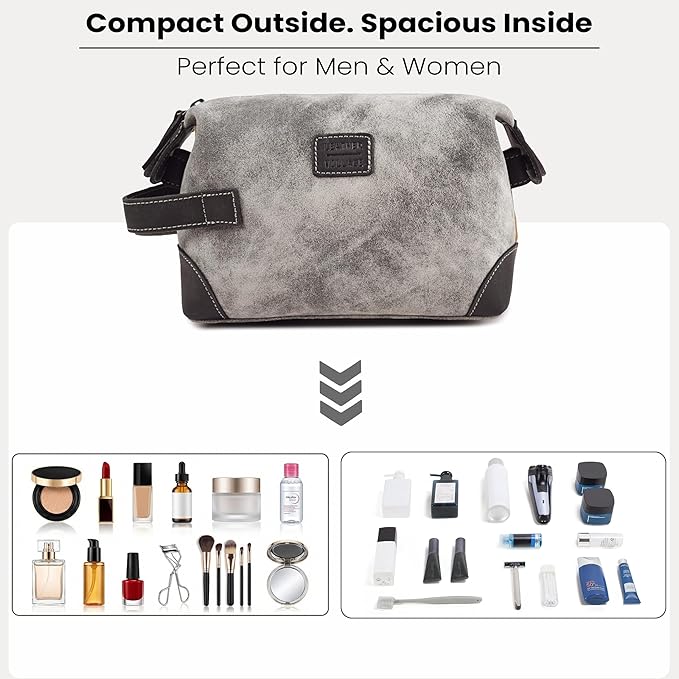 LEATHER VILLAGE Genuine Leather Dopp Kit for Men & Women – Travel Vintage Toiletry Bag with Waterproof Lining, Shaving & Bathroom Essentials Organizer - Distressed Grey