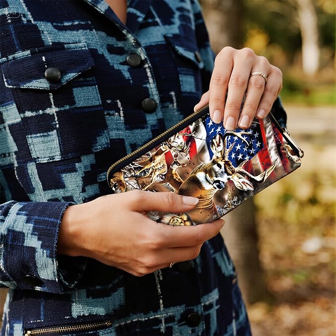 Women's RFID Blocking Zip Around Wallet with Detachable Wrist Strap, Large Capacity Credit Card Holder Organizer for Everyday Use,Deer Tree Forest American Flag