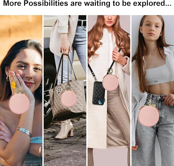 Bocasal Coin Pouch Mini Lipstick Cosmetic Bag with Airtag Holder Mirror, Leather Zipper Travel Makeup Bag Keychain Ring Clasp for Keys Earbuds Earphone Lip Gloss Chapstick Women Girls (Rose Gold)