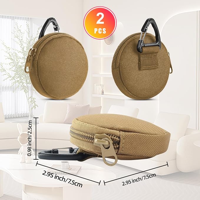 Coin Pouch for Men 2PCS Khaki, 1000D Nylon Small Zipper Change Purse with Triangle Buckle, Mini Portable Compact Pocket Coin Holder for Loose Change