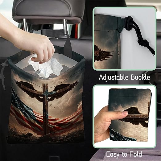 Cross with Wings Car Trash Bag,American Flag Hanging Drawstring Car Garbage Bag,Waterproof Canvas Car Back Seat Organizer with Adjustable Buckle,for Vehicles,SUVs,Camping,Road Trips