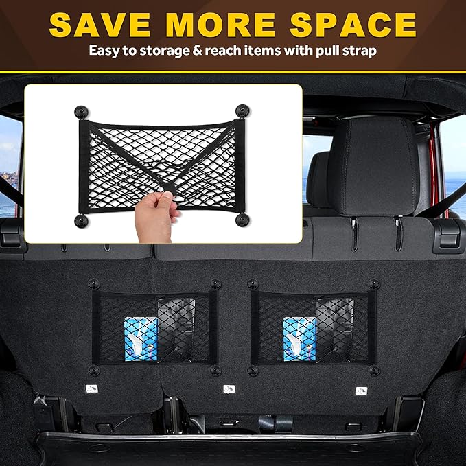 BUMBEE Mesh Cargo Net, Envelope Netting, Elastic Pocket Pouch Bungee Organizer for Car Seat Back RV Wall Trunk, Hooks & Screws Included(17.7'' x 9.8'')