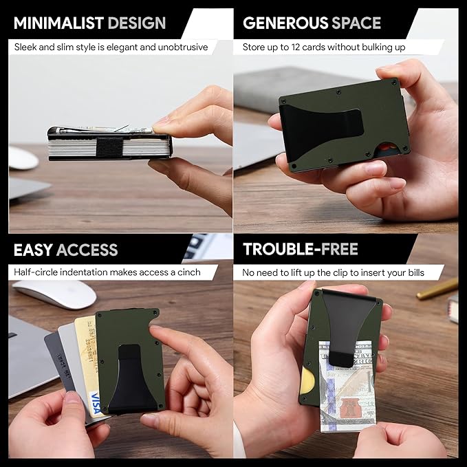 Slim Wallet for Men,RFID Blocking Minimalist Metal Wallet, Money Clip/Cash Holder, Front Pocket Aluminum Credit Card Holder, Ideal Gift for Men,Matte Green