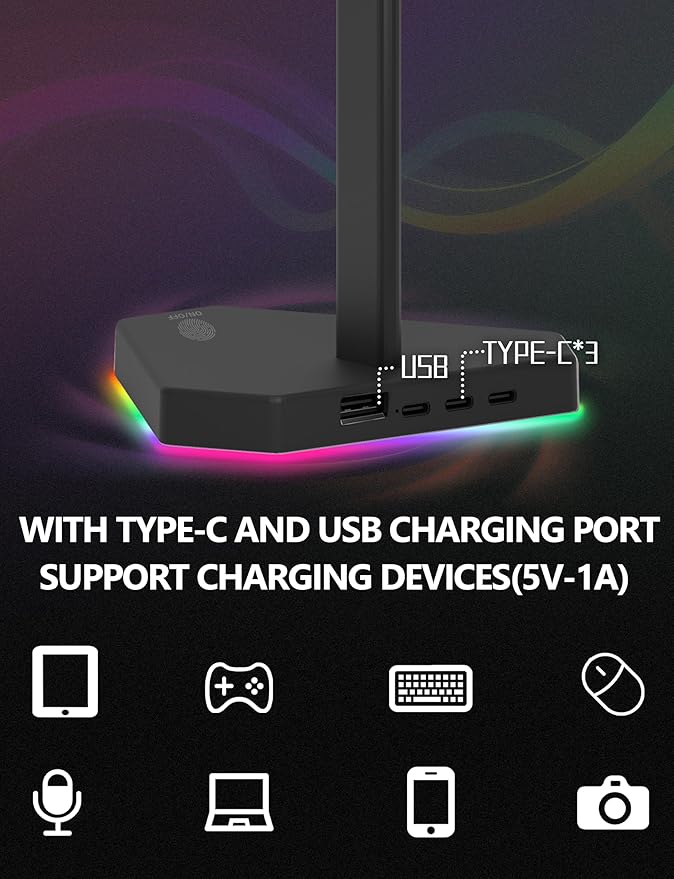 RGB Headphones Stand with 1 USB-C Data Transmission& 3 Type-C Charging Port, Desk Gaming Headset Holder with 7 Light Modes and Non-Slip Rubber Base (Black)
