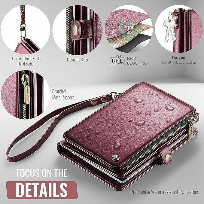 Passport Holder Wallet Bag with AirTag Holder, 11 Card Slots and Passport Solt Cash Solt Photo Solt Zipper Pocket, RFID Blocking Wristlet Strap.Wine