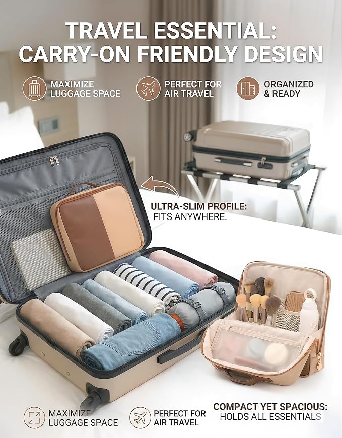 Large Travel Makeup Bag for Women, Large Makeup Bag Organizer with Brush Compartment, Upright Cosmetic Bag and Toiletry Bag, Wipe-Clean PU Makeup Pouch, Brown