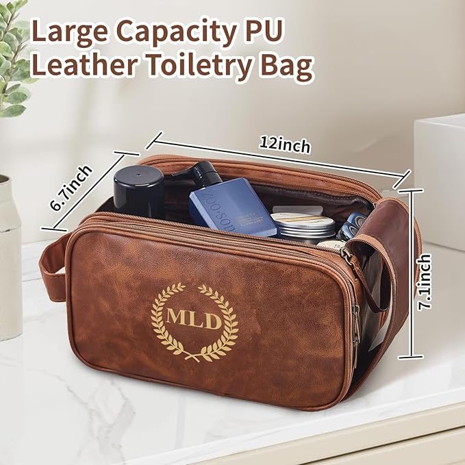 Personalized Leather Toiletry Bag for Men, Large Capacity Toiletry Travel Bag, PU Leather Waterproof Shaving Bag, Travel Essentials Customized Gifts for Husband, Groomsmen, Father's Day (Style 5)