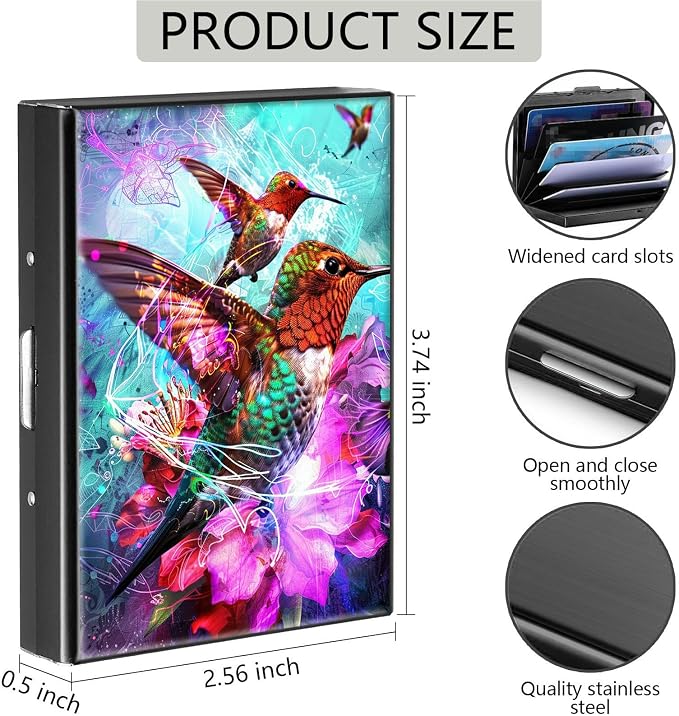 Credit Card Holder, Cute Hummingbirds Design Mini RFID Blocking Aluminum Wallet Slim Metal Hard Case Shell Travel Wallet ID Case Small Credit Cards Case Business Cards for Women Men Girls