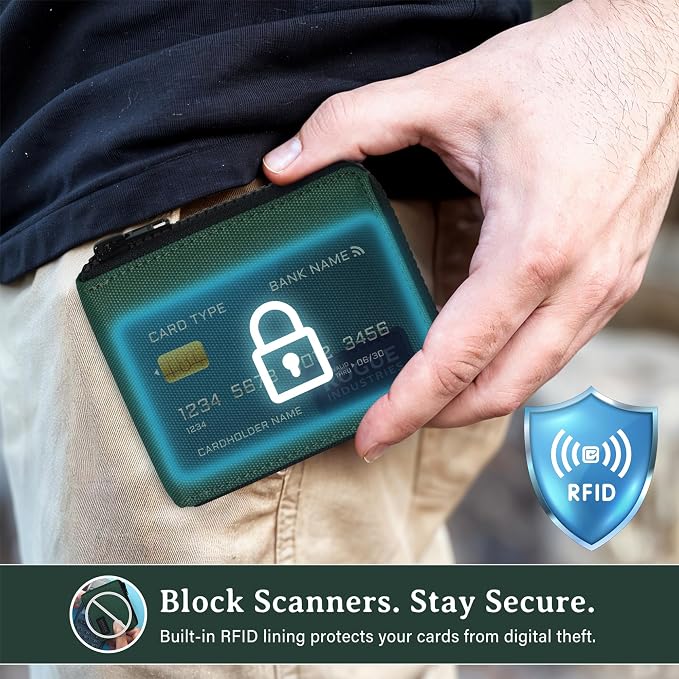 ROGUE WALLET Interior Genuine Leather Wallets for Men - RFID Blocking Robust Outer Nylon Wallets - Full Cash Slot and Expandable Coin Pouch - Gift for Men (Green)