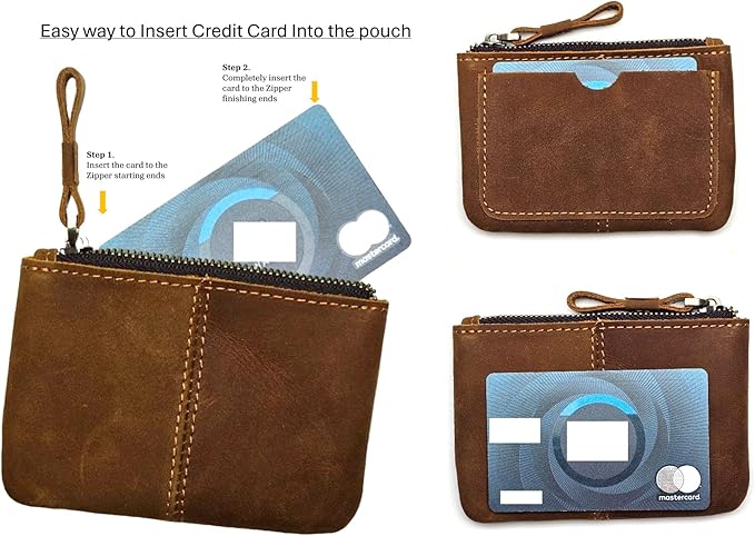 Genuine Leather Coin Purse Pouch for Women Men Vintage Cowhide Grain Leather Slim Mini Wallet Metal Zipper with Real Leather handle (Dark Brown)