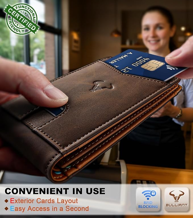 BULLIANT Men Wallet, Slim Leather Wallet Front Pocket Card Holder Gift For Men 11 Slots RFID Blocking