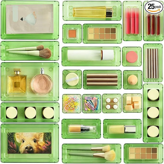 Vtopmart 25 PCS Clear Plastic Drawer Organizers Set, 4-Size Versatile Bathroom and Vanity Drawer Organizer Trays, Storage Bins for Makeup, Bedroom, Kitchen Gadgets Utensils and Office