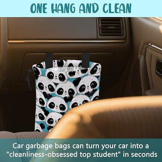 Car Garbage Bag Cute Panda Hanging Canvas Car Trash Bag Waterproof Drawstring Car Back Seat Organizer for Car Back Front Seat Console with Adjustable Buckle