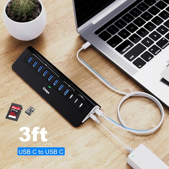 Powered USB Hub 10Gbps, Intpw YH9AC Plus 13-Port USB 3.2 Hub(USB A/USB C 3.2+6 USB-A 3.0+2 PD 45W Fast Charging Ports+SD/TF Card Reader), 65W Power Adapter,Aluminum USB HUB for PC,Laptop,iPhone 17/16