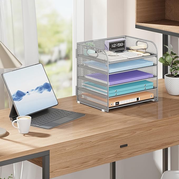 Cawukege 5 Tier Paper Organizer with Handle, Silver Metal Mesh Desk Organizer File Folder Paper Letter Tray Desktop Document Sorter for Classroom, School, Office Accessories Organization and Storage