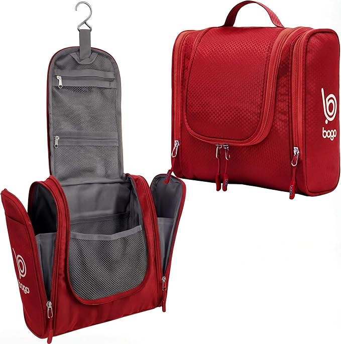 Bago Travel Toiletry Bag for Women and Men X-Large Waterproof Hanging Large Toiletry Bag for Bathroom and Travel Bag for Toiletries Organizer -Travel Makeup Bag (Red)