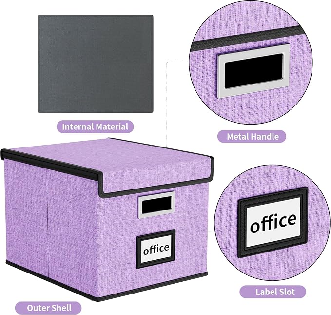 File Organizer Box with Lid, Collapsible File Folder Organizer for Office Document Storage, Filing Box with Plastic Slide for Letter Size Hanging File Folders(1 Pack, Lavender)