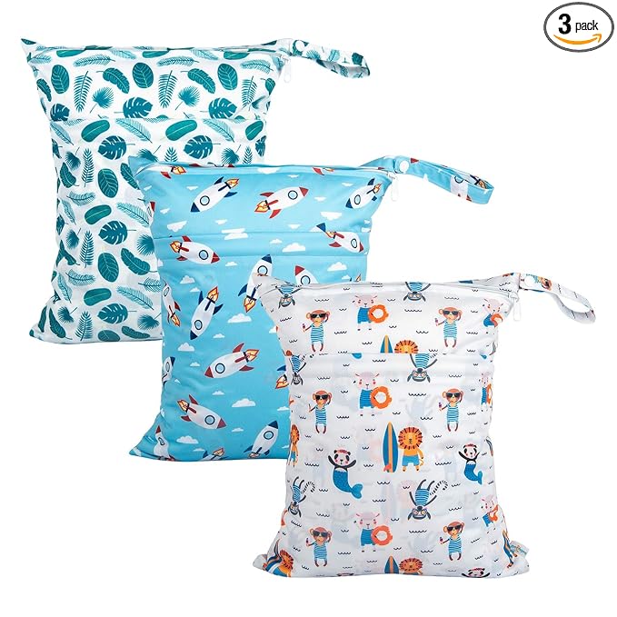 babygoal Wet Dry Bags for Baby Cloth Diapers, Washable Travel Bags, Beach, Pool, Gym Bag for Swimsuits & Wet Clothes with Two Zippered Pockets 3 Pack, 3LN12