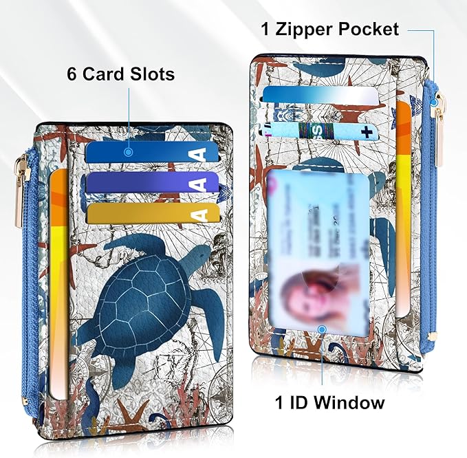 Tipmile Credit Card Holder for Women Slim Minimalist Front Pocket RFID Blocking Wallet Small Compact Card Case with ID Window, Sea Turtle
