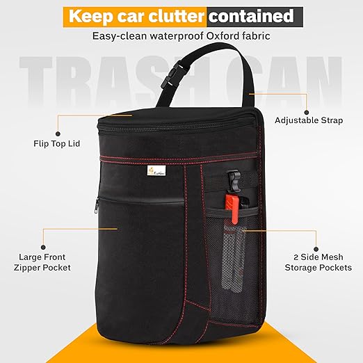 EcoNour Car Trash Can 2.5 Gallon with Lid & Storage Pockets | Waterproof Hanging Garbage Bin with Removable Inner Bag | Automotive Accessories for SUVs, Trucks & More | Black