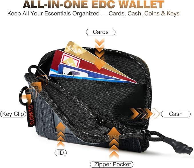 Coin Purse for Men, RFID Blocking 500D Nylon Small Wallet with Key Clip, Slim Front Pocket Card Holder, Zipper Coin Pouch & ID Window Organizer for Cards, Cash