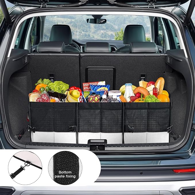 Car Trunk Organizer, Large Capacity Collapsible Cargo Organizer with Adjustable Straps Reinforced Handles, Multi-Compartment Trunk Storage Box for Car Truck SUV Sedan (Black & Gray)