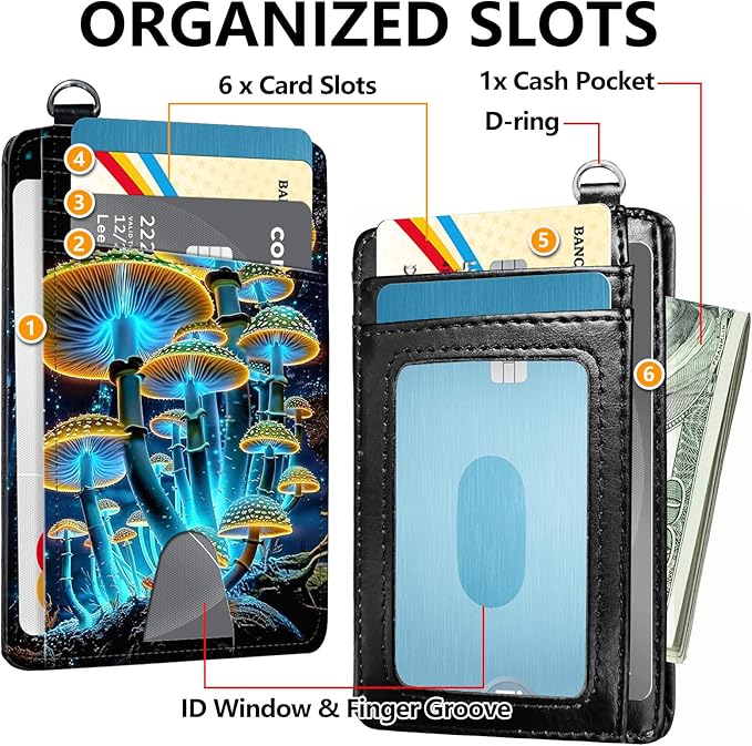 Slim RFID Blocking Card Holder Wallet with Wrist Strap - Minimalist Front Pocket Wallet, Luminous Mushroom Design, PU Leathe, for Men & Women, Ideal for Travel & Gifts